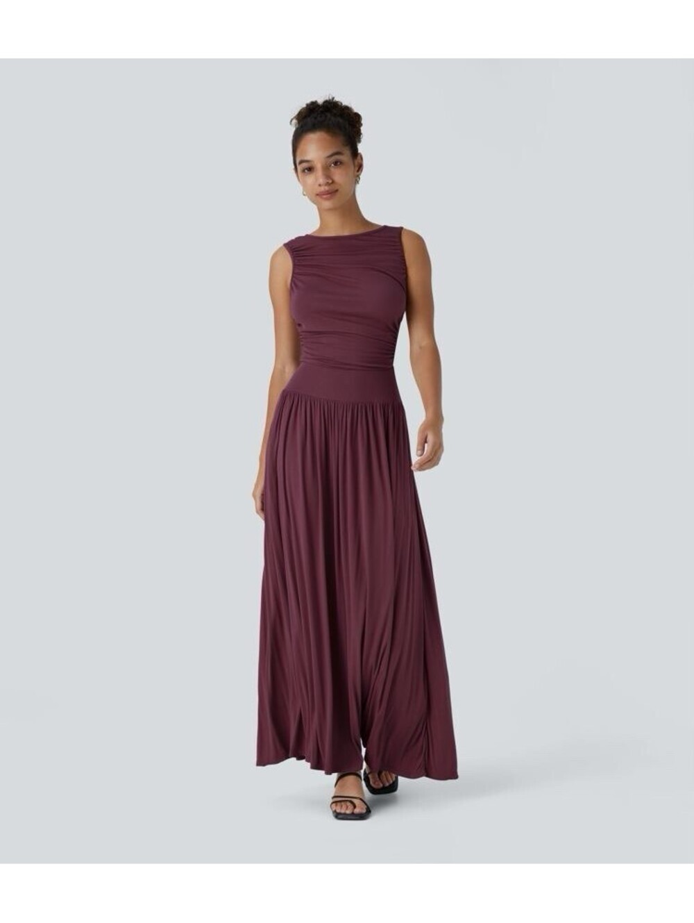 HALARA Ribbed Boat Neck  Ruched Pocket Flowy Maxi Casual Dress Size XL Red